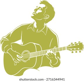 Un hombre perdido en la expresión musical, tocando una guitarra acústica con pasión y emoción, transmitiendo un sentido de libertad y alegría a través de su arte.