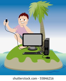 Man lost on desert island with computer set