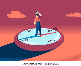 A man lost orientation. Male cartoon character expressing perplexity is standing on compass trying to figure out a way out. Vector illustration