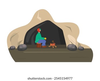 Man lost while hiking in the forest, trying to survive in a cave with a campfire. Character design. Vector flat illustration