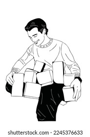 man with lots of gift boxes happy
free time art hand drawn illustration