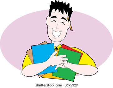 Man with lots of papers and a pencil in  his ear