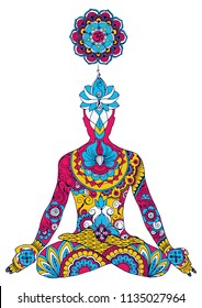 A man in a lotus asana. Silhouette with Indian mehdi ornament. Above the head is the open chakra sahasrara in the form of a revealed lotus with the Om sign inside.