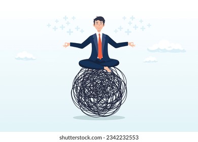 El hombre en la meditación del loto en la línea de caos con energía positiva, manejo del estrés, meditación o relajación para reducir la ansiedad, controlar la emoción durante la resolución de problemas o trabajo de frustración (Vector)