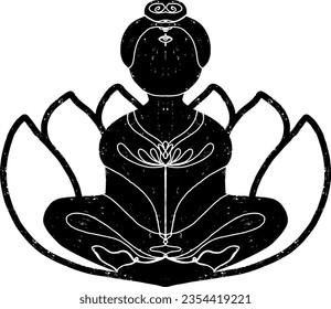 Man in lotus position in a lotus flower. Illustration in linocut style. Vector texture element for design
