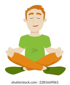 Man in lotus position. Male character in cartoon style.