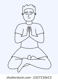 Man in lotus position. Male person in outline style.