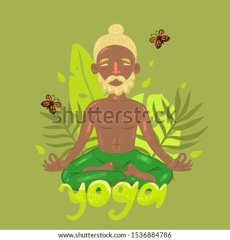 Man in lotus position on green and the inscription yoga