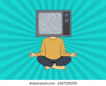 A man in a lotus position with a retro TV instead of a head. White noise instead of thoughts. Vector illustration