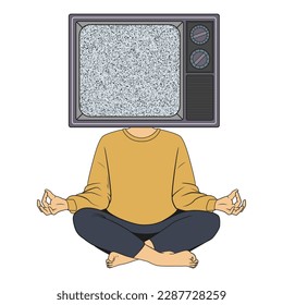 A man in a lotus position with a retro TV instead of a head. White noise instead of thoughts. Vector illustration