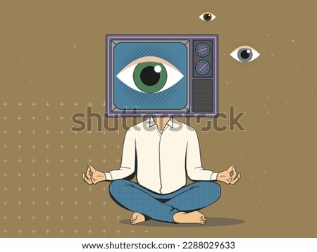 Man in lotus position with a retro TV with a big eye instead of a head. Vector illustration