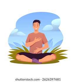Man in lotus posture on the lawn makes calm breathing exercise on nature landscape. Breathe out in, holding chest and stomach with eyes closed. Vector flat illustration isolated. Healthy yoga practice