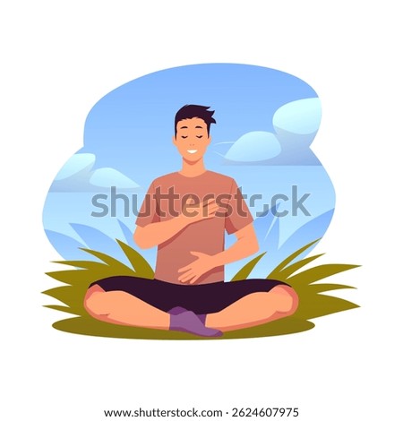 Man in lotus posture on the lawn makes calm breathing exercise on nature landscape. Breathe out in, holding chest and stomach with eyes closed. Vector flat illustration isolated. Healthy yoga practice
