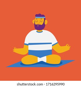 Hombre en el loto yoga posa personaje de caricatura vectorial aislado en un fondo.