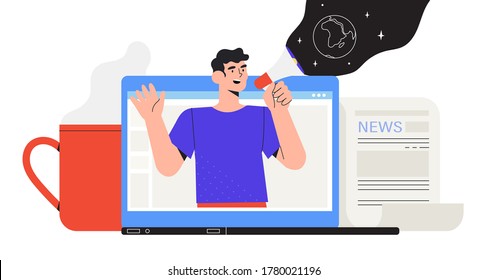 Man with loud speaker share latest or hot news online on laptop screen. use Breake for news during working day. Flat design vector graphic style illustration  for banner, sites, apps.