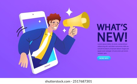Man with loud speaker share news on smartphone screen. hot news online. social media. announcement poster. Loudspeaker and messages. Notification of programs and applications. social networks. vector