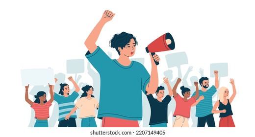 Hombre con altavoces y multitud furiosa en protesta, huelga. Concepto de manifestación pacífica de los derechos humanos. Grupo de personas diversas, estudiantes en piquete. Ilustración vectorial plana aislada