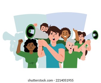 Man with loudspeaker and angry crowd on protest, strike. Concept peaceful demonstration of human rights. Group of diverse people, students at picket. Isolated flat vector illustration.