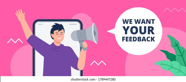 A man with a loudspeaker asks customers to leave a review. Evaluating app, product, service. Feedback consumer, a customer review banner. Trendy vector flat illustration.