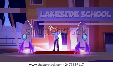 Man with loudspeaker and button at entrance to school is going to launch two rockets. Cartoon vector illustration of dark night scene near education building with male scientist release missiles.