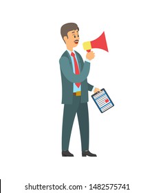 Man with loudspeaker and folder with paper document vector isolated cartoon person. Office worker with megaphone announcing important information very loudly. Vector illustration in flat cartoon style