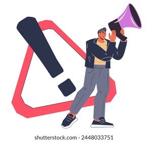 Man with loudspeaker informing about the latest urgent news, announcements and important alerts. Banner for important updates and notification, flat vector illustration isolated on white.