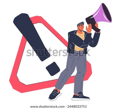 Man with loudspeaker informing about the latest urgent news, announcements and important alerts. Banner for important updates and notification, flat vector illustration isolated on white.
