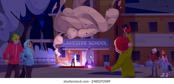 Man with loudspeaker launch rocket neat school. Spaceship booster with smoke project for watching people near academy campus in town. University building facade game scene for education design