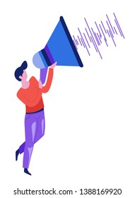 Man with loudspeaker or megaphone sound wave isolated male character vector guy and music playing or voice recording volume frequency graphic visualization audio file wavy line song or melody