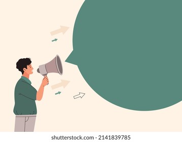 Man with loudspeaker. Metaphor of social media and communication on Internet, promotion of goods and services online. Modern technology, guy invites friends. Cartoon flat vector illustration