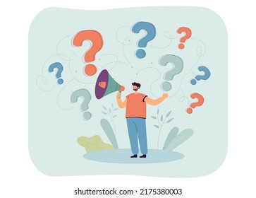 Man with loudspeaker and question marks above him. Tiny man looking for solutions to problem flat vector illustration. Inquiry, attention concept for banner, website design or landing web page