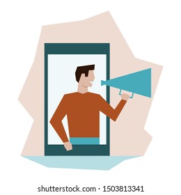 Man with loudspeaker refer friends from smartphone