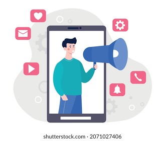Man with loudspeaker. Social media promotion metaphor. Marketing on Internet, referral program, character tells his friends about project. Digital technology. Cartoon flat vector illustration
