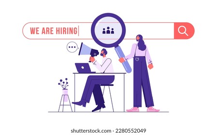 Man with loudspeaker and woman with magnifying glass to choose job interview people, we are hiring, job vacancy or headhunting concept