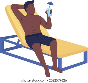 Man in lounger drinks cocktail semi flat color vector character. Full body person on white. Relaxing on beach isolated modern cartoon style illustration for graphic design and animation