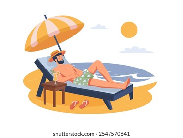 A man is lounging on a beach chair under an umbrella enjoying a drink by the sea. Vector illustration