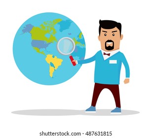 Man with loupe standing near the globe with political map. Flat design. Information searching concept vector illustration. Global politics, breaking news, environment, concept. On white background.