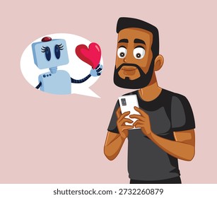 
Homem apaixonado por Ai Chat Bot Vetor Illustration. Cara se unindo com uma personalidade de inteligência artificial. 