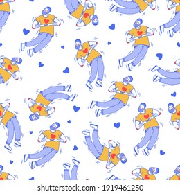 Man in love with a beard holding a heart in hands vector seamless pattern. Flat  cartoon . Modern love concept in vector cartoon flat style.  man gives love present to woman. Funny pattern with men
