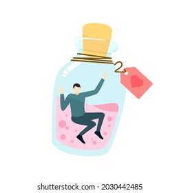 Man and love bottle magic potion people character flat design vector illustration