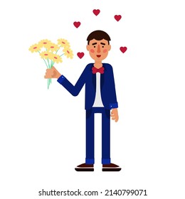 Man in love with bouquet of flowers in his hands. Wearing a suit with a bow tie. Hearts in the air. 