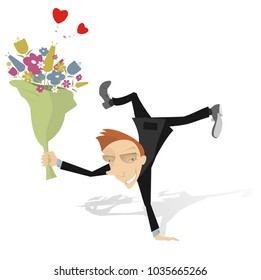 Man in love with bouquet of flowers isolated illustration
Smiling man stays head over heels and holds a bouquet of flowers isolated on white illustration vector
