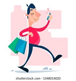 A man is in love correspondence on a smartphone on the go clipart. Shopping and shopping, packages in hand. Vector illustration in cartoon style.
