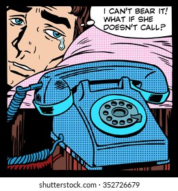 man love crying waiting call phone pop art retro style. Relations between men and women. Emotions and tears. Humor