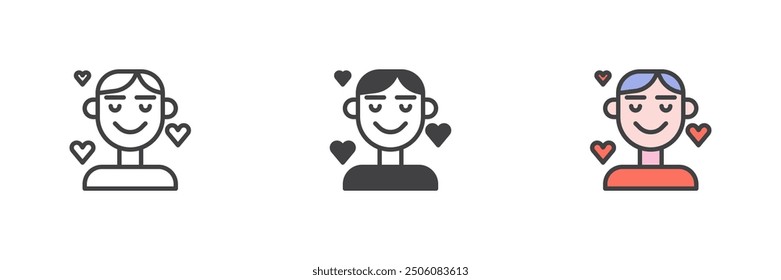 Hombre en el amor conjunto de iconos de estilo diferente. Línea, glifo y contorno relleno versión colorida, contorno y signo de Vector relleno. Persona con el símbolo de los corazones, ilustración del logotipo. Gráficos de Vector
