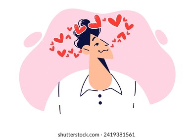 Man in love feels dizzy due to romantic feelings, stands with hearts flying on top of head. Guy in romantic mood is waiting for date with girlfriend and dreams of quick intimate relationship