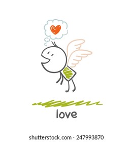 a man in love is flying on the wings illustration
