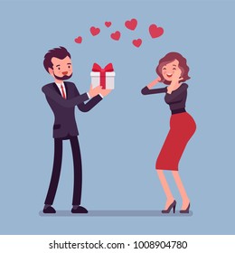 Man in love giving gift to woman. Lady surprised with a box, present for a special occasion, birthday, anniversary from boyfriend. Vector flat style cartoon illustration isolated on white background