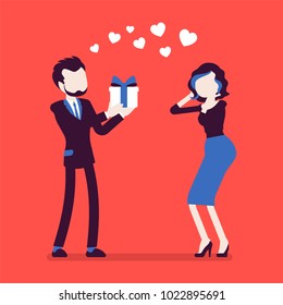 Man in love giving gift to woman. Lady surprised with a box, present for a special occasion, birthday, anniversary from boyfriend, making a nice gesture. Vector illustration with faceless characters