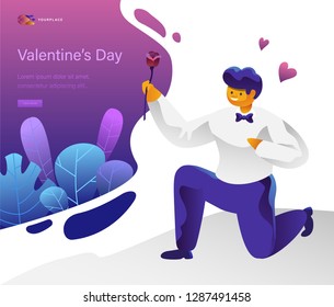 Man in love. Happy Valentine's Day. Young man holds a rose in his hand. Lending page for website.